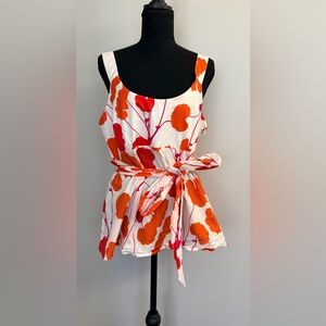 Marimekko Anthropologie Floral Sleeveless Blouse Waist Tie Sz 12 Preppy Classic